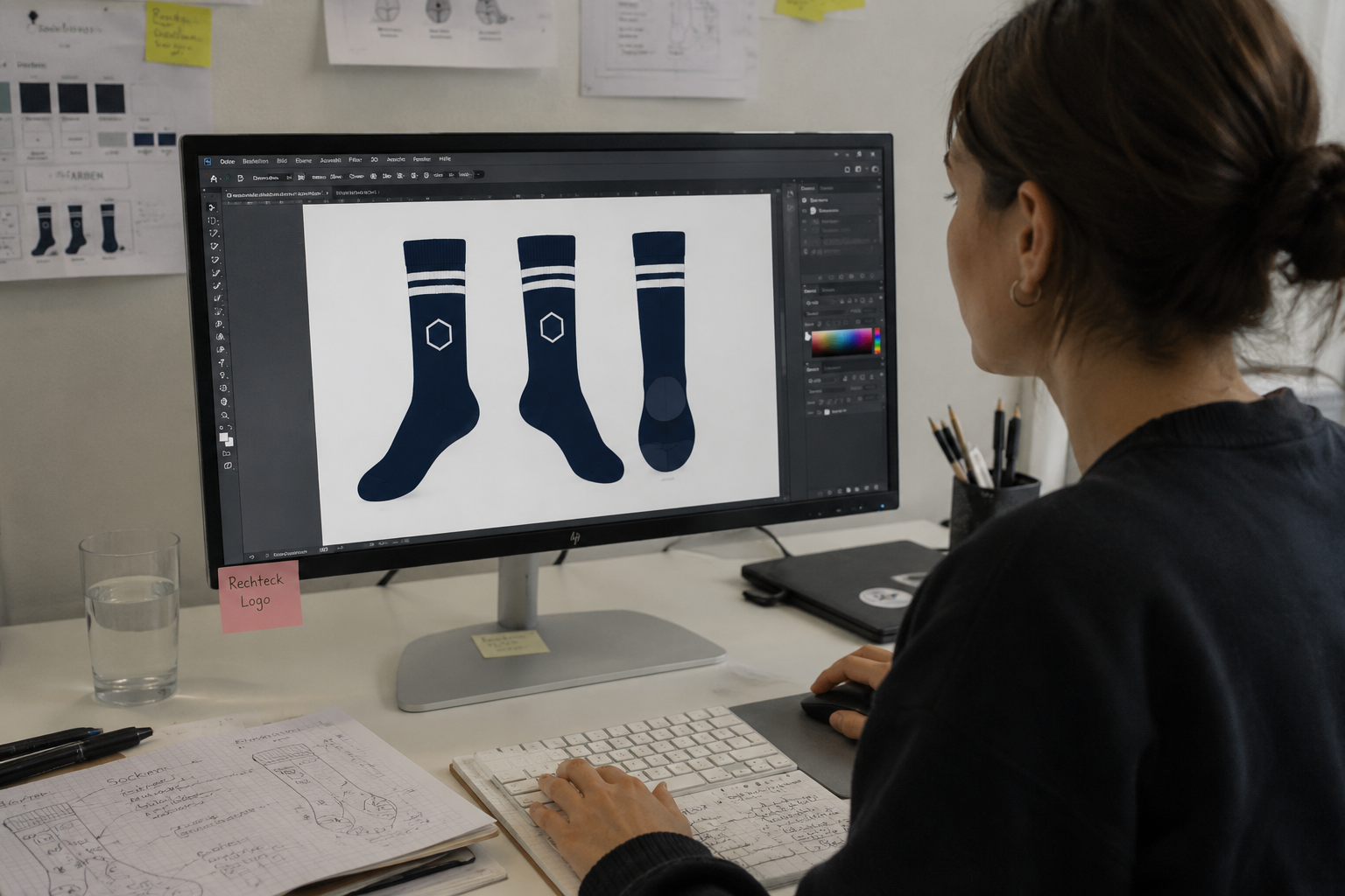 Beispiel Mockup: Designerin erstellt individuelles Sockendesign